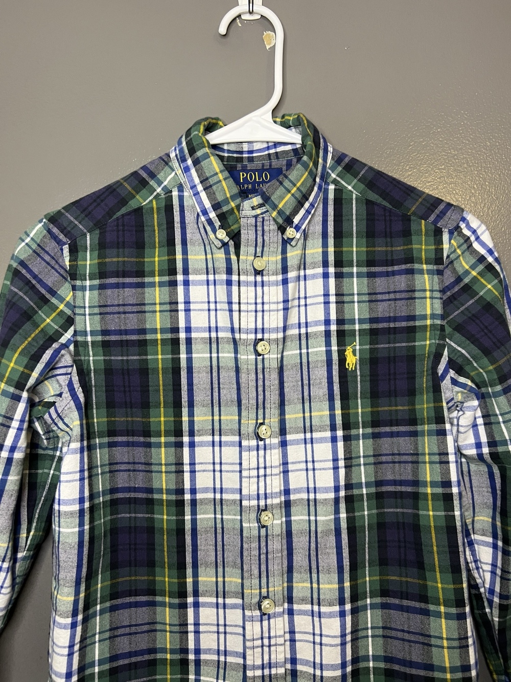 Polo Ralph Lauren Shirt Kids 10-12 Green Blue Plaid Button Up Long Sleeve